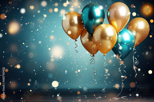 Golden and blue balloons on dark blue background. 