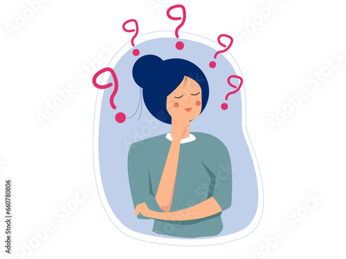 woman thinking with question mark doubts his choice about Creativity,Problem solving thoughtful pose concept design illustration.