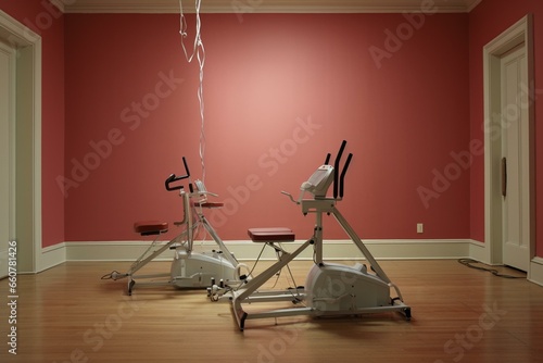 Two exercise machines in a plain room  viewed from the side. Generative AI