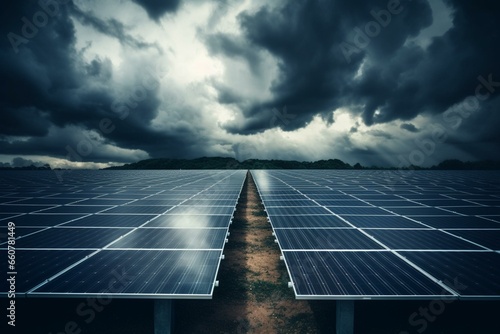 Renewable energy captured by solar panels under cloudy weather. Generative AI photo
