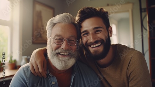 Adult hipster son fun hugging old senior father at home,2 man happy enjoy to living at home in father's day with love of family, two generations have a beard talking together and relaxing with smile