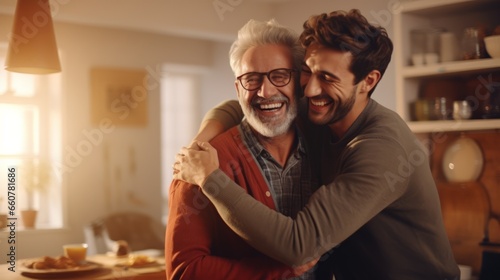 Adult hipster son fun hugging old senior father at home,2 man happy enjoy to living at home in father's day with love of family, two generations have a beard talking together and relaxing with smile photo