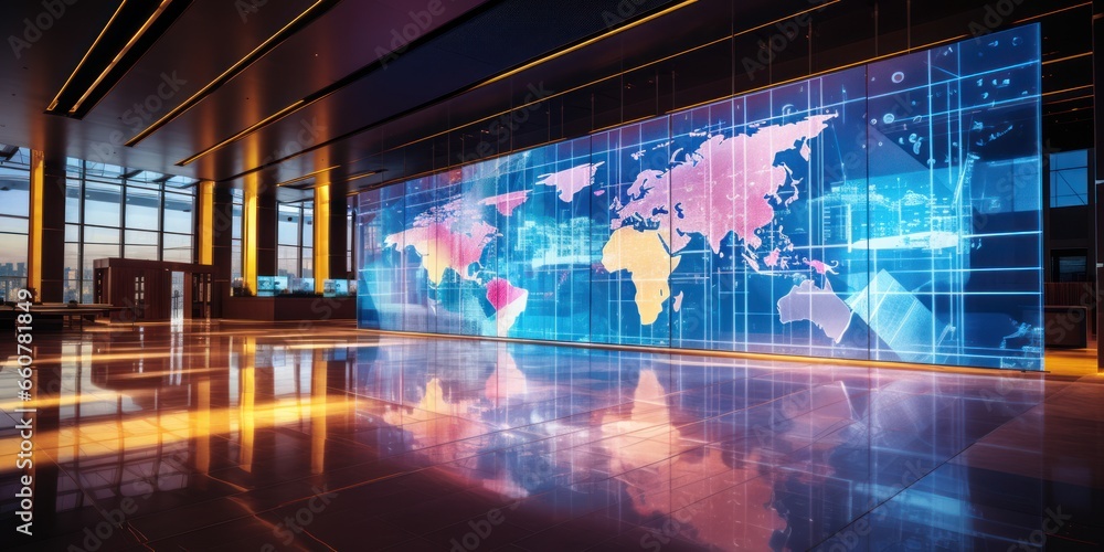 Hall of the International Center for Technology and Business with neon world map. AI Generation Hall of the International Center for Technology and Business with neon world map. AI Generation