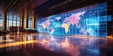 Hall of the International Center for Technology and Business with neon world map. AI Generation 