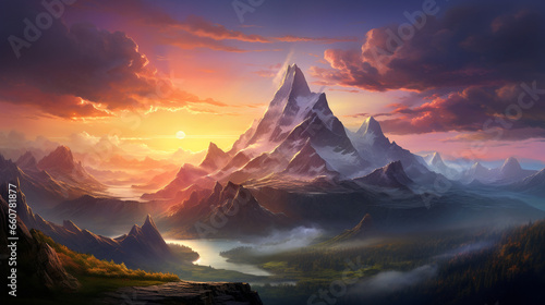 beautiful mountain view with sunset landscape scene