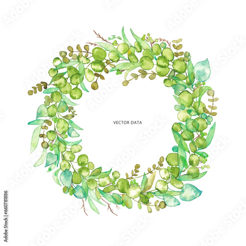                                                                                     Watercolor. Eucalyptus wreath with watercolor touch. Vector illustration.