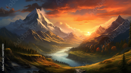 beautiful mountain view with sunset landscape scene © piggu