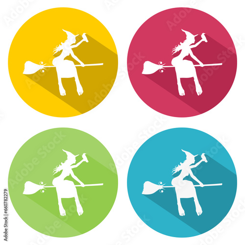 Illustration of flying young witch icon. Witch silhouette on a broomstick. Halloween relative image. Web icon in flat design with long shadows.