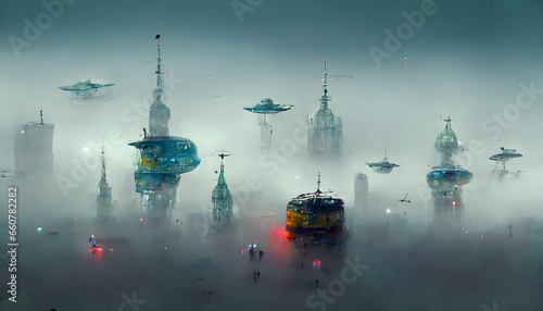 citypunk foggy scene with spaceships urban city  photo