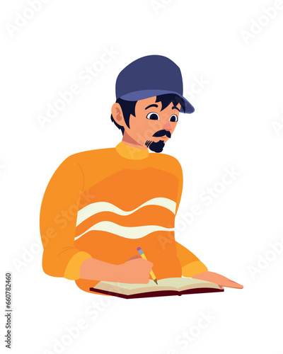 man writing in a book