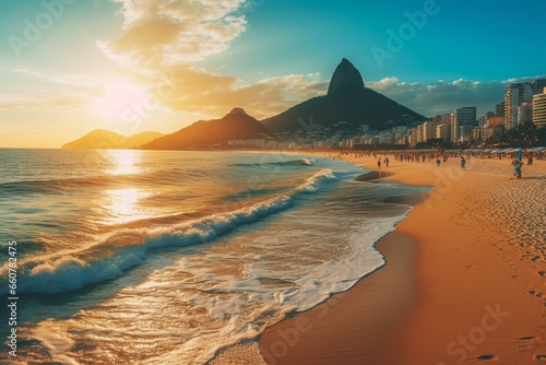 Stunning beach in Rio de Janeiro with colorful sunrise, pristine sands, and crystal-clear water. Generative AI photo