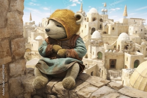 Teddybär liegt im Schutt einer zerstörten Stadt nach dem Erdbeben in der Türkei. Generative AI