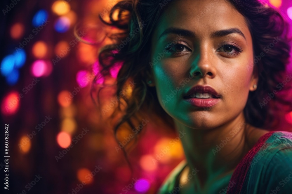 portrait of a young woman showing a shocked expression in a colorful room,AI generated portrait of a young woman showing a shocked expression in a colorful room,AI generated