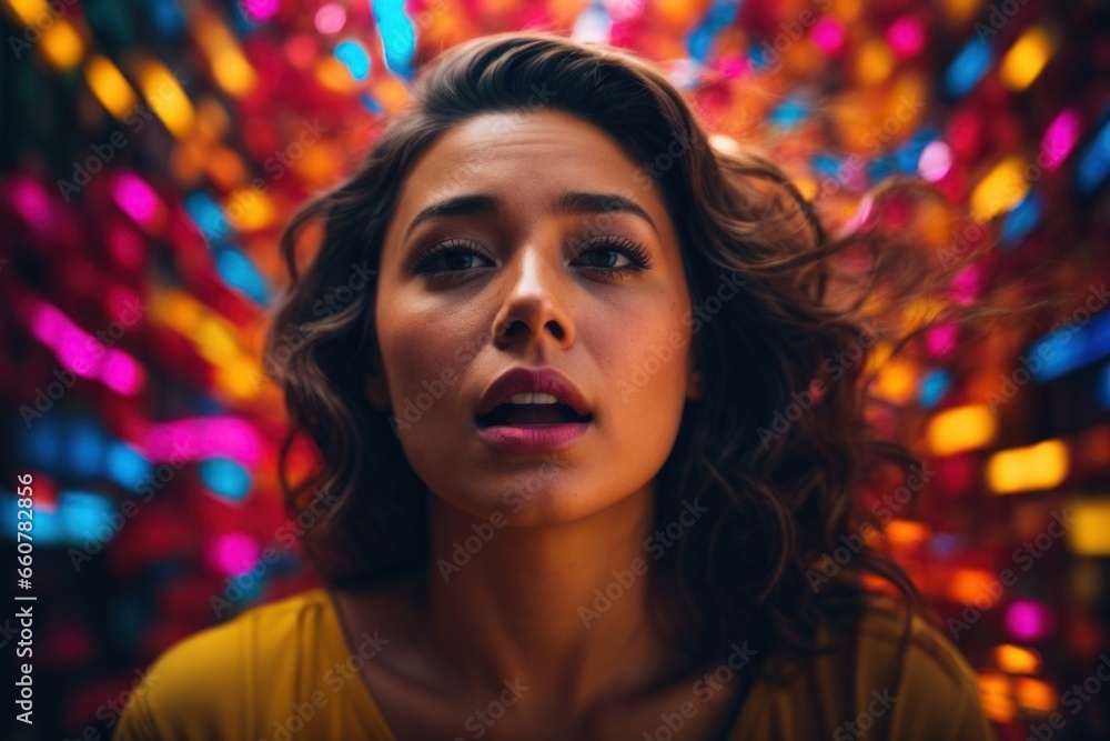 portrait of a young woman showing a shocked expression in a colorful room,AI generated portrait of a young woman showing a shocked expression in a colorful room,AI generated