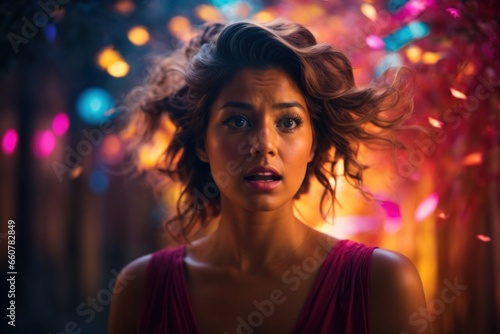 portrait of a young woman showing a shocked expression in a colorful room,AI generated