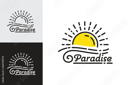 Line art of paradise logo at sunset with tidal ocean waves
