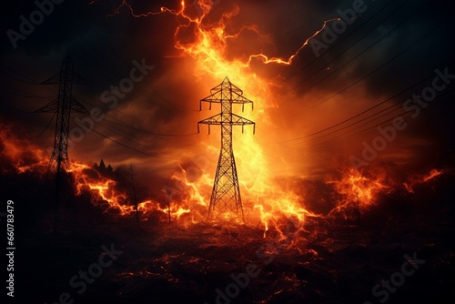 Fiery flame, faded candle, power lines, energy outage, blackout, crisis, electricity price increase. Generative AI