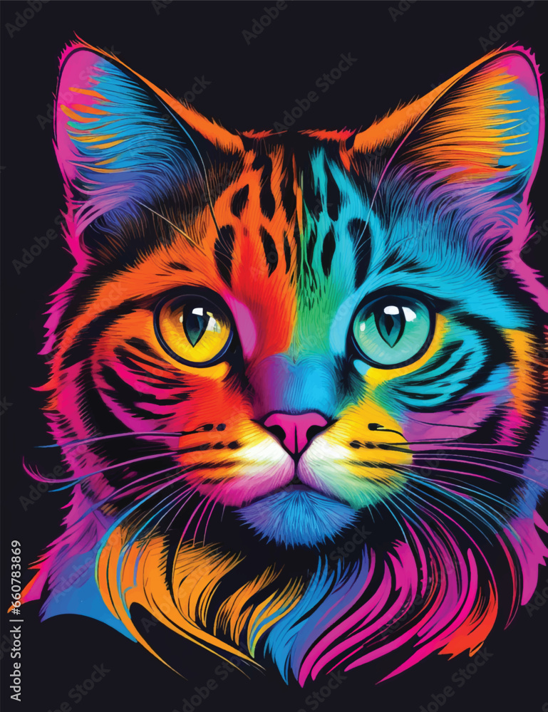 Cat face in colorful neon art design vector illustration. Rainbow Whisker Whimsy: Neon Cat Gaze.