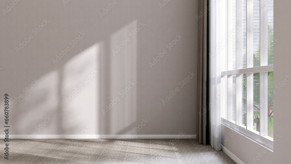 Empty gray wall in empty room in sunlight from white frame window, blackout, sheer curtain on carpet floor to courtyard with tree for luxury, minimal interior design decoration product background 3D - obrazy, fototapety, plakaty 