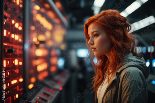 portrait of a red-haired woman in a control room,AI generated