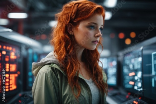 portrait of a red-haired woman in a control room,AI generated