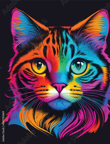 Cat face in colorful neon art design vector illustration. Rainbow Whisker Whimsy: Neon Cat Gaze. © jmgdigital