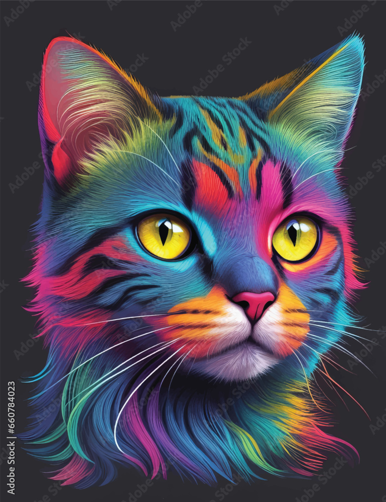 Cat face in colorful neon art design vector illustration. Electric Ears: Neon Art Extravaganza.