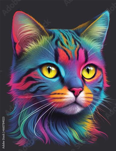 Cat face in colorful neon art design vector illustration. Electric Ears: Neon Art Extravaganza. © jmgdigital