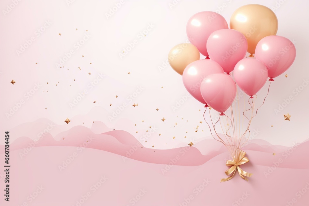 Elegant balloon card with pink and gold design. Generative AI