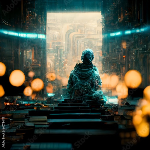 a wizard with a long beard holding a Book in one hand and playing a futuristic synthesizer with the other hand wearing a futuristic bio mech suit in the color of black standing alone in a rundown  photo