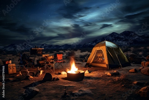 Nighttime campsite in the mountains. Generative AI