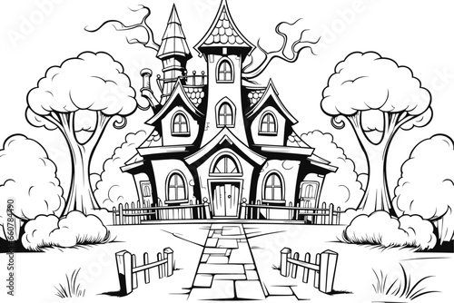 Vector coloring page or book for Halloween with spooky haunted mansion, mystic fairytale house. Cute fantasy hand drawn black and white contour image for kids