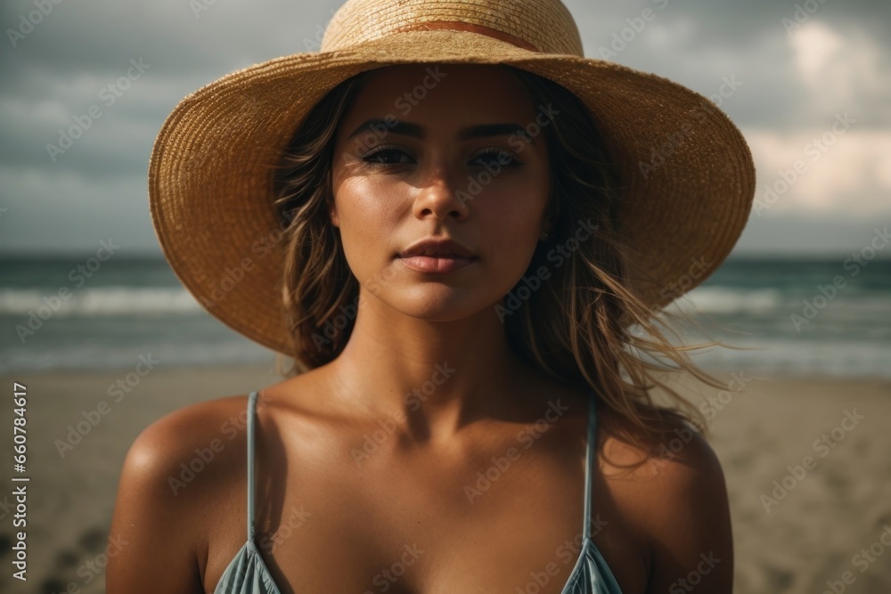 Portrait of a beautiful, sexy woman on the beach wearing a large fashion hat, AI generated