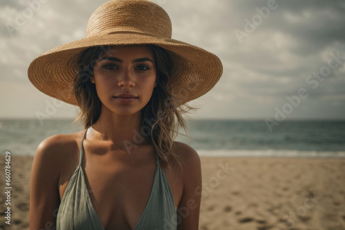 Portrait of a beautiful, sexy woman on the beach wearing a large fashion hat, AI generated