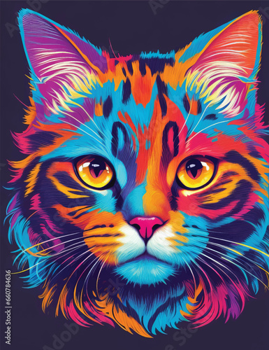 Cat face in colorful neon art design vector illustration. Neon Dream Whiskers: Cat Face Spectrum. © jmgdigital