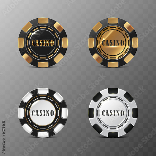 Online casino poker chips in black, gold and white. 3d realisitc vector icon illustration. 
