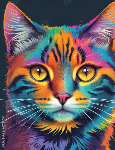 Cat face in colorful neon art design vector illustration. Catlight Brilliance: Neon Feline Fantasy.