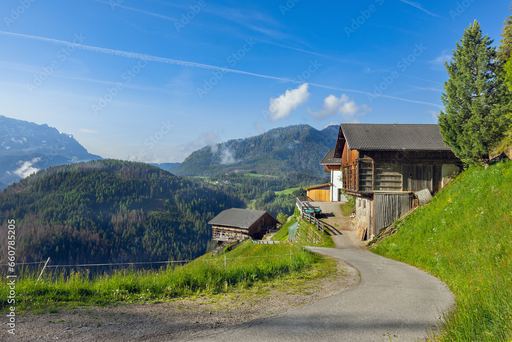 landscape of the village of St. Maddalena against the backdrop of the Dolomites