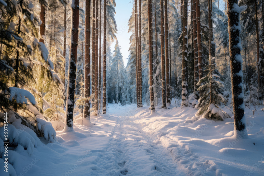 Trail in winter coniferous forest