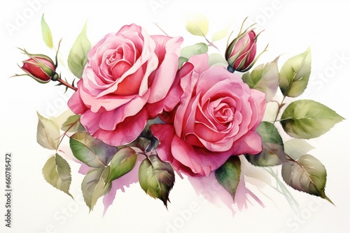 Rose with buds, leaves. Watercolor art. Generative AI