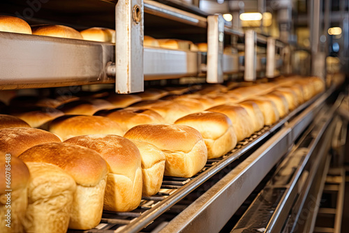 Conveyor belt filled with baked loaves of bread