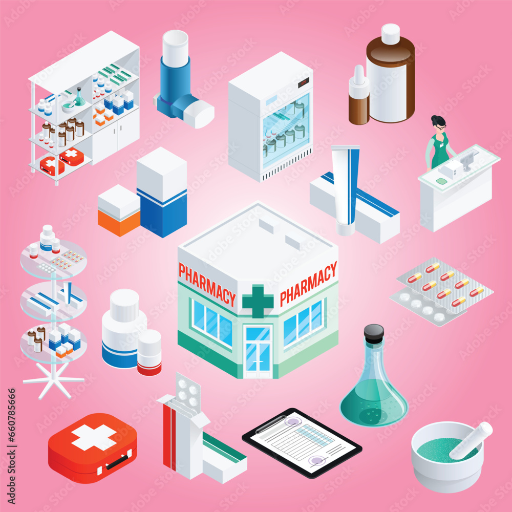 pharmacy isometric icons set