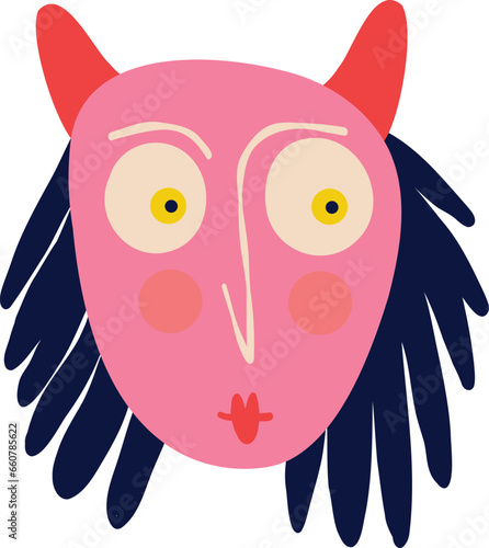 Funny unusual face of a girl with a dissatisfied face and horns. Illustration in childish style