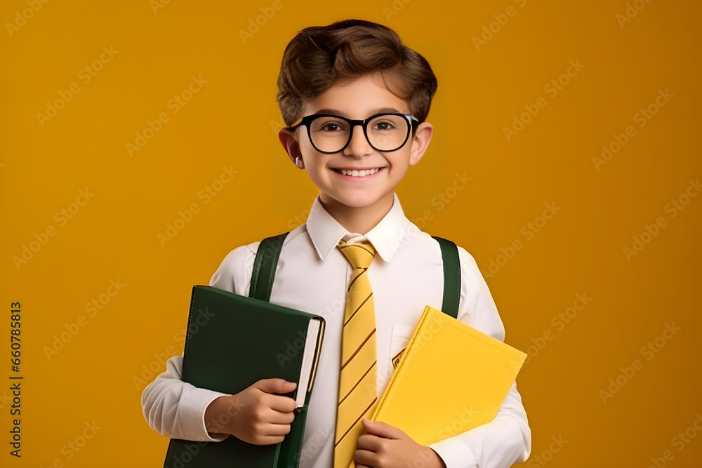 Portrait of primary school student kid in uniform with glasses posing on yellow background. Back to school concept. Copy space. Generative Ai Portrait of primary school student kid in uniform with glasses posing on yellow background. Back to school concept. Copy space. Generative Ai