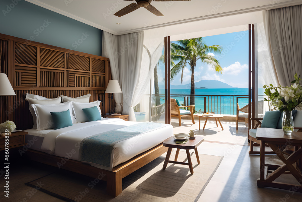 Sea view bedroom in luxury beach house or modern villa. Home interior, tropical resort concept. Generative Ai, illustration