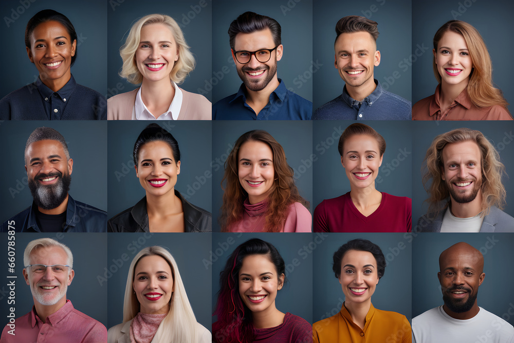 Collage of portraits and faces of smiling multiracial group of various diverse people for profile picture on grey background. Diversity concept. Generative Ai. - obrazy, fototapety, plakaty 