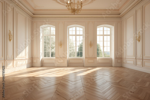 Luxury style interior room with white wall, wooden floor and window. Copy space. Generative Ai.