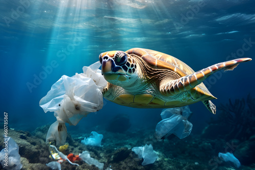 A turtle eating plastic bag. Plastic pollution in ocean, water environmental problem, garbage sea. Generative Ai