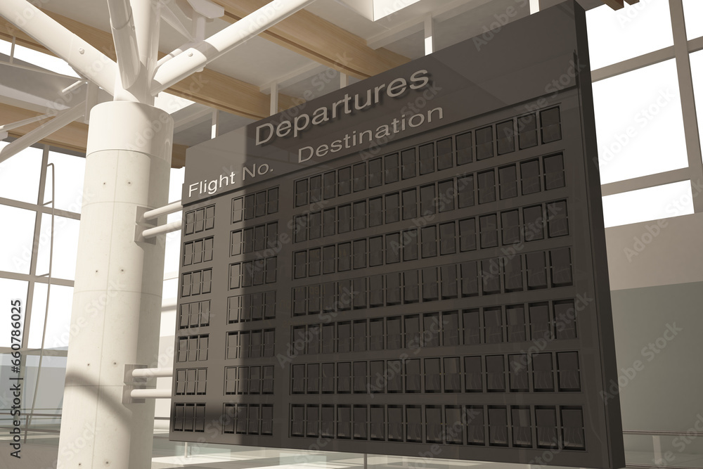 Obraz premium Digital png illustration of black departures board at airport, copy space on transparent background
