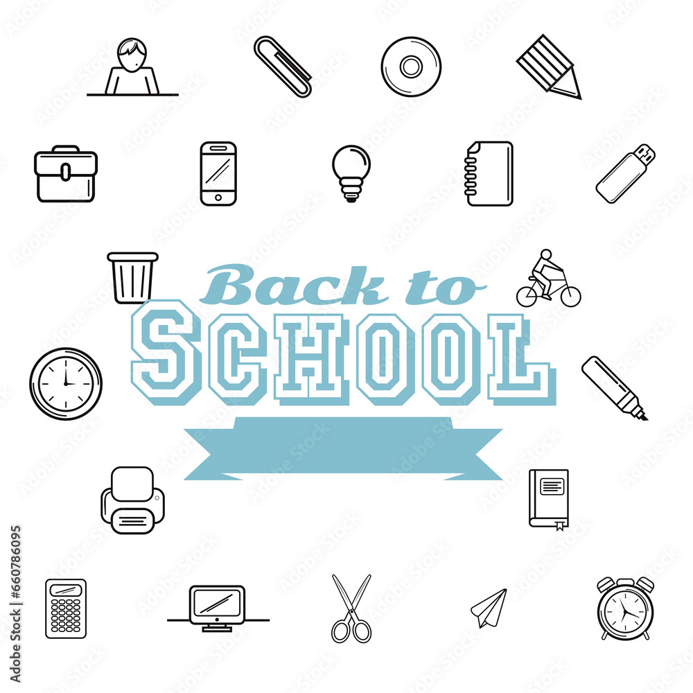 Digital png illustration of back t school text and school icons on transparent backgroud Digital png illustration of back t school text and school icons on transparent backgroud